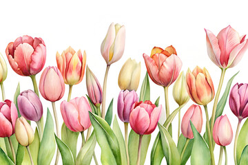 Obraz premium Border of watercolor tulip flowers isolated on transparent background