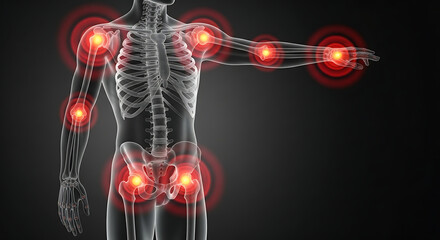 Human body with highlighted pain points in skeletal structure  