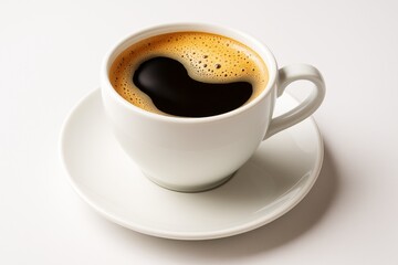 Obraz premium Hot black coffee in white cup on saucer with foam on light background, minimalistic drink concept with clean and modern aesthetic focus.