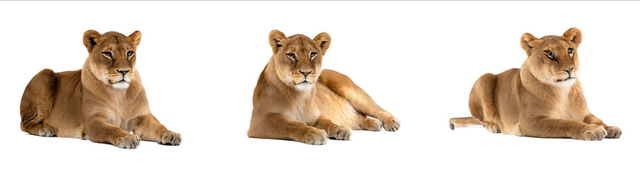 3 photographs of a beautiful lioness sitting on a white background in different poses fullbody shots looking directly at the camera photorealistic highresolu