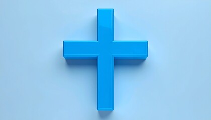 Obraz premium Beveled blue Christian cross with 3D shading on white background in minimalist symbolic composition