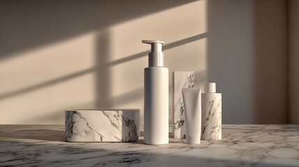 Blank cosmetic containers arranged on a marble surface, illuminated by soft sunlight, showcasing a minimalist aesthetic.