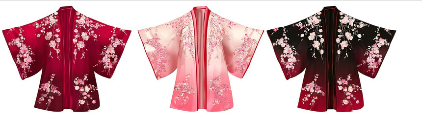 Three different shades of pink black and red silk kimono isolated on a white background Asian traditional for women with embroidered flowers or cherry blosso