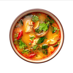 Tom Yum Goong chicken soup in a bowl isolated on a white background top view
