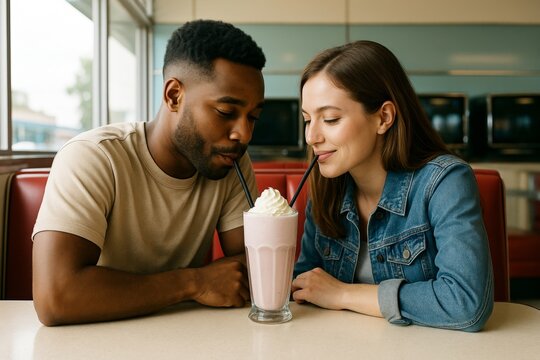 Couple sharing strawberry milkshake in retro diner with natural light and cozy background ambiance, enjoying sweet moment together. Ai generative