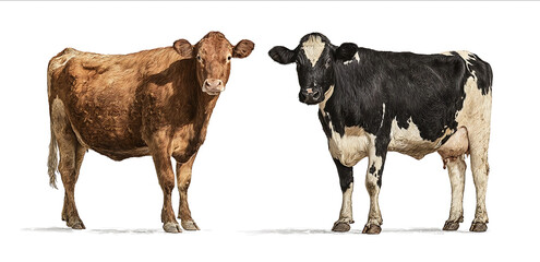 Two cows standing side by side one brown and the other black with white spots on its face isolated in front of a pure white background fullbody shot photogra
