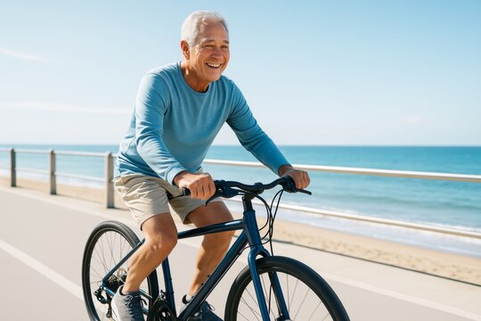 Happy senior man cycling by the seaside on a sunny day, enjoying freedom and healthy lifestyle with ocean in the background. Ai generative. Ai generative - Powered by Adobe