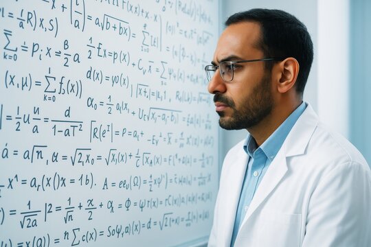 Scientist in lab coat analyzing complex mathematical equations on whiteboard in bright room with abstract scientific background. Ai generative