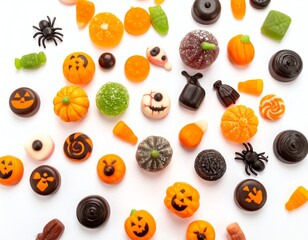 Colorful Halloween candies on a white background.