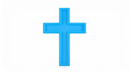 Obraz premium Beveled blue Christian cross with 3D shading on white background in minimalist symbolic composition