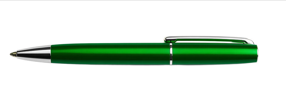 Photo of a green pen isolated on a white background with a clipping path Top view