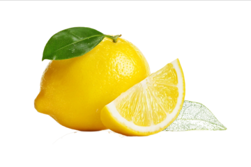 Isolated lemon with green leaf and two slices on a white background with a reflection A yellow citrus fruit with natural sunlight fresh organic food for a su