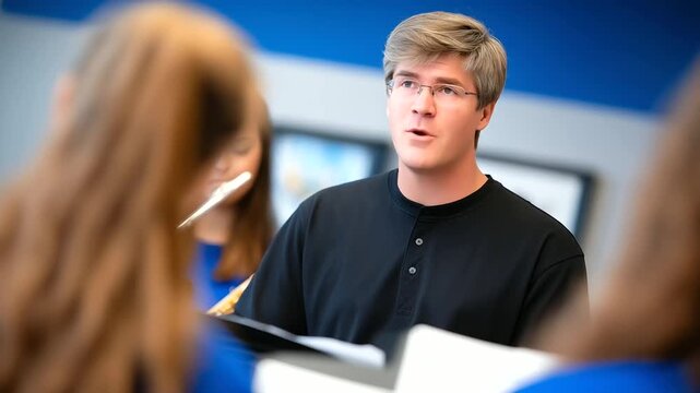 A senior practices for a band concert in a music room with instruments tuning sheet music flipping a conductor pacing and a trophy case gleaming captured in a melodic photo wit