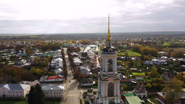 Suzdal, belfry tower of the rizopolozhensky monastery on autumn day, close up
