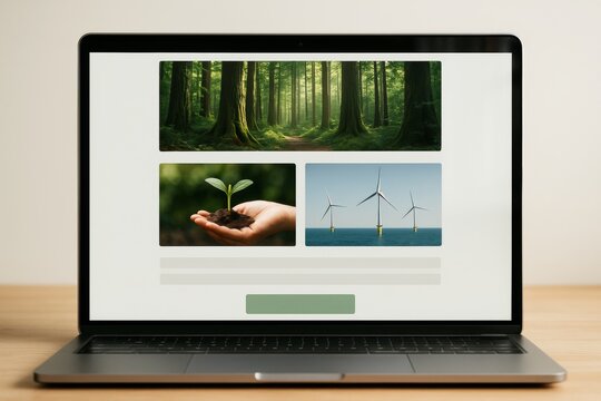 Laptop screen displaying environmental images with forest, wind turbines, and plant in hand representing sustainability concept on wood table background. Ai generative