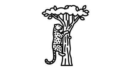 Leopard Climbing a Tree - Black and White Line Art Illustration.