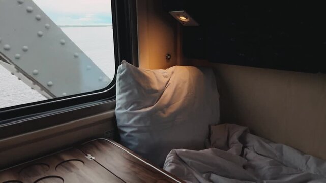 Cozy interior of a train cabin with soft lighting and scenic water view through the window