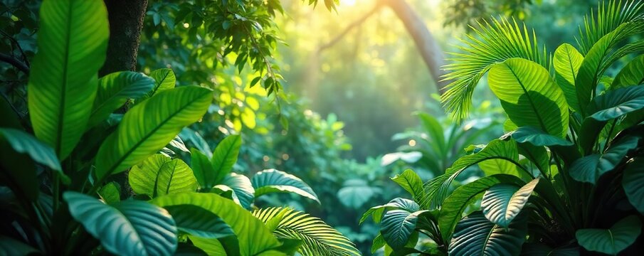 Fototapeta Lush green tropical foliage, vibrant leaves, sunlight filtering through, exotic plant life, jungle backdrop Perfect for travel, nature, and environmental themes , vibrant colors, organic