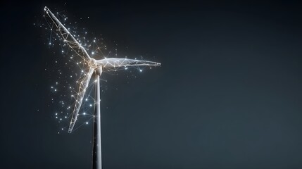 A modern, technologically advanced wind turbine, depicted with a network of interconnected points, stands out against a dark backdrop.