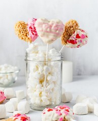 Adorable Valentine's Day heart-shaped rice crispy treats on sticks