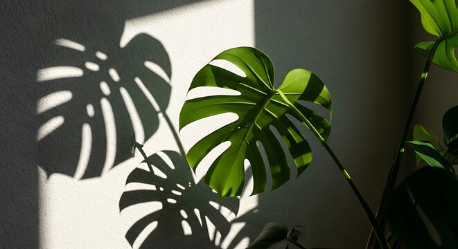Monstera plant with shadow on the wall.