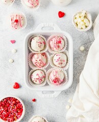 Valentine's Day White Chocolate Truffles in a Rectangular Dish