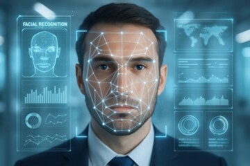 Facial Recognition in Action: A focused individual's face is scanned for identification. Digital readouts, intricate light patterns, and global mapping overlays.