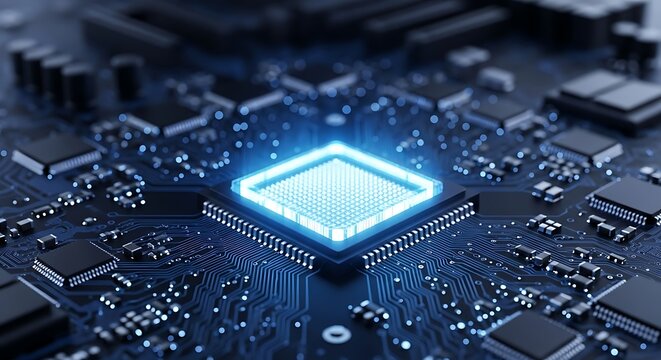 Central processor chip glowing on a circuit board - Powered by Adobe