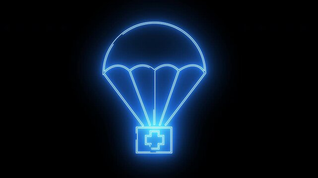 parachuting icon medical supply box with neon effect