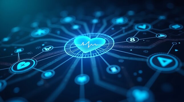 A dynamic scene is presented with a central, pulsating heart icon and an intricate web of interconnected technology symbols