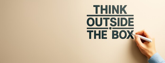 Hand drawing inspirational phrase "Think Outside The Box" on beige background, creative concept for innovation and motivation poster or banner template.