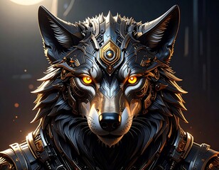 A majestic wolf with glowing eyes, adorned in intricate metallic armor, gazing directly at the viewer.