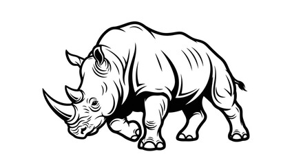 Powerful Black and White Illustration of a Charging Rhinoceros.