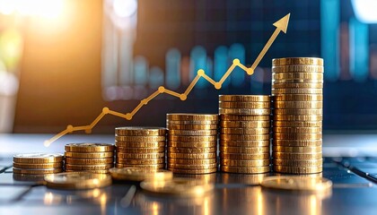 Stacks of coins with growing plants and upward graph line on soil in sunlit natural setting