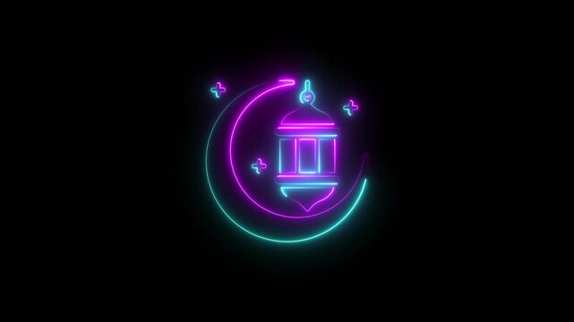 Glowing neon ramadan icon isolated on black background. 4k Video motion graphic animation. Neon mosque outline animation for islamic holiday celebration and ramadan kariem design.