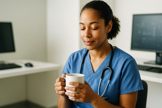 Female healthcare worker enjoying a mindful moment with coffee in a calm medical office background during a light break in her shift. Ai generative