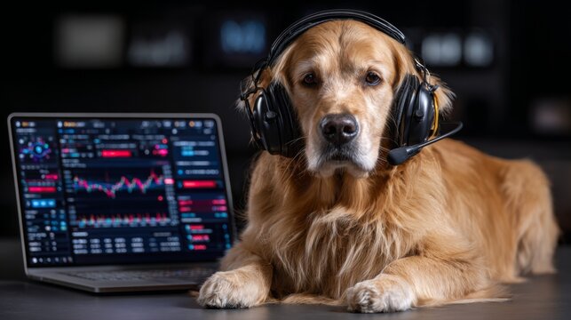 Golden retriever with headphones watching stock market trends on laptop in modern home office during daytime