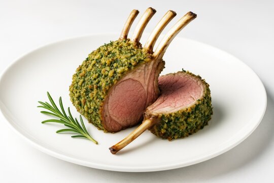 Gourmet herb-crusted rack of lamb served with rosemary on white plate, minimalist background, fine dining food concept, creative composition. Ai generative