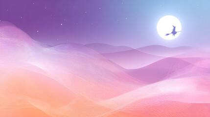 Fototapeta premium Witch Flying on Broomstick Under Full Moon with Pink and Purple Light Streaks