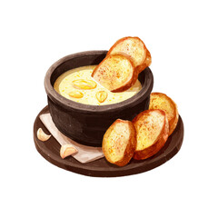 Creamy Garlic Soup with Toasted Bread Croutons in Rustic Bowl
