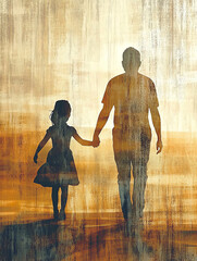 A whimsical and stylized artwork of a father and child walking hand-in-hand through a golden sunset