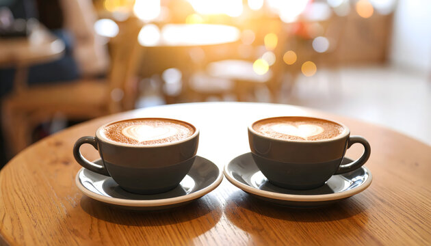 Two cups of latte with heart-shaped art on a wooden table in a cozy coffee shop