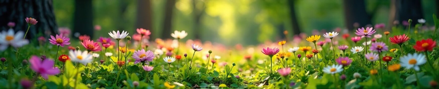 Lush wildflowers carpet a sun-dappled forest floor, creating a vibrant and enchanting scene  Perfect for nature, spring, and environmental themes ,  detail,  flowers