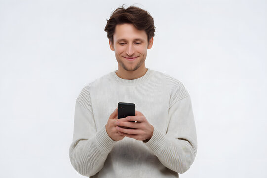 Happy young man in casual clothing smiling while using smartphone, isolated on a white background, concept of communication, social media, and technology.
