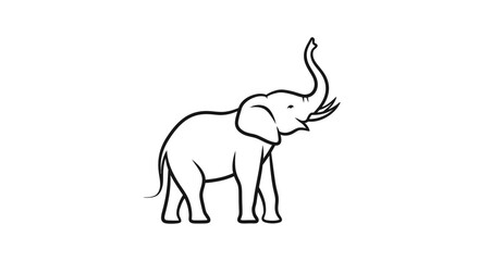 Elephant Illustration - Black and White Line Art with Raised Trunk.