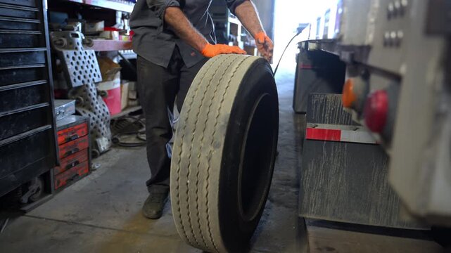 Truck repair workshop, mechanic rolls removed tire of the trailer
