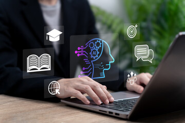 AI in Education and Daily Life Management Concept, Businesswoman Using Artificial Intelligence for Learning, Knowledge Growth, Productivity, and Smart Lifestyle in Modern Business and Society