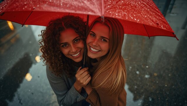 Two friends share warm smiles beneath vibrant red umbrella in rainy city