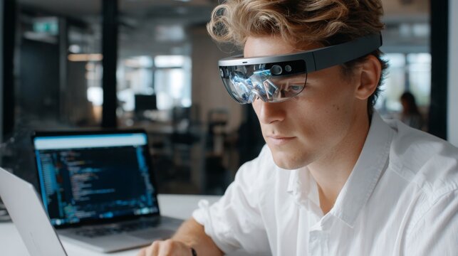 Young man using augmented reality glasses while working on a laptop in a modern office environment - Powered by Adobe