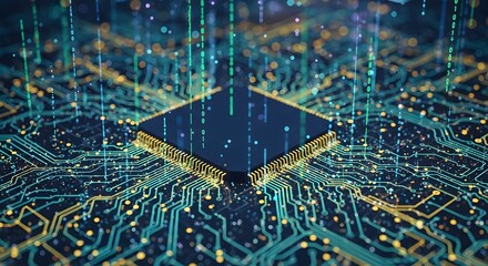 Artificial intelligence futuristic AI chip glowing with binary code and neon circuits on digital motherboard